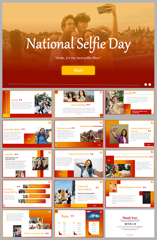 Slide deck with red and yellow theme, featuring images of people taking selfies, covering the history and benefits.