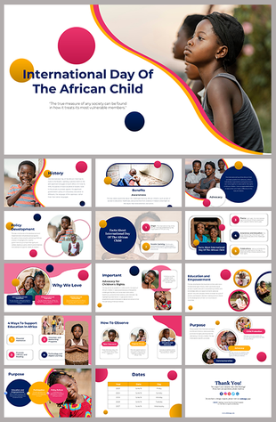 A pack of international day slides featuring images of african children and key sections like history and advocacy.