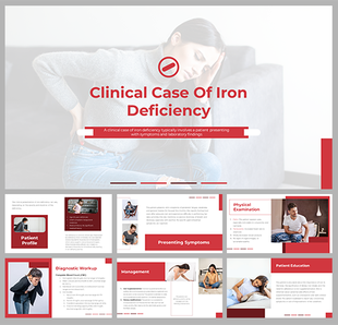 Slides discussing iron deficiency, with visuals on diagnosis, patient profile, and treatment strategies, in red theme.