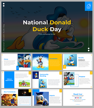 Slide pack with images of Donald Duck, detailing history, benefits, and celebrations in blue, yellow, and white accents.