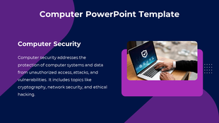 Purple and navy computer security template with image of a laptop displaying a digital shield in a colorful background.