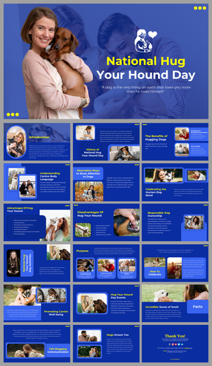 Blue themed slides for National Hug Your Hound Day, including information about affection and bond between humans and dogs.