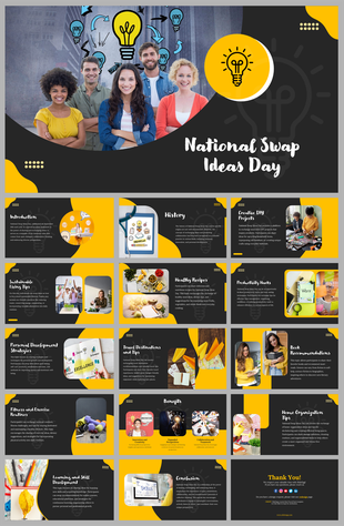National swap ideas day slides showcasing creative tips and project ideas in yellow and black design.