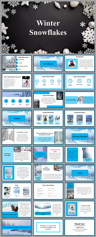 Winter-themed slide deck with snowy backgrounds, snowflake graphics, and educational content.