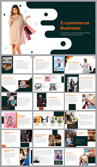E commerce Business PPT showcasing slides on online presence, global reach, customer engagement, and social media marketing.