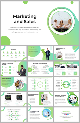 Marketing and sales featuring circular graphics, professional photos, and sections on branding, trends, and training.