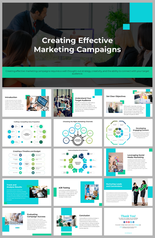 Slide deck for marketing campaign creation, covering timeline creation, social media strategies, and data analysis.