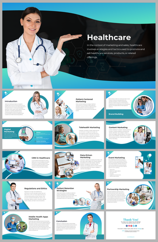 Healthcare marketing slides covering strategies like patient centered marketing, telehealth, and brand building with text.