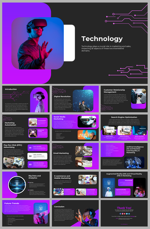 Neon-themed technology slide deck with a VR headset user image, circuit graphics, and  captions areas in modern layouts.