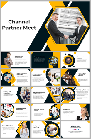 Channel partner meets presentation with slides on company overview, partner program, and performance metrics with images.