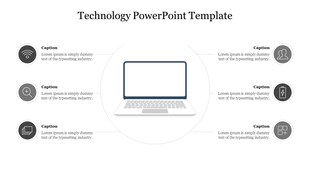Laptop image at the center with six gray icons symbolizing technology aspects connected by lines and captions.