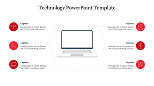 Circular layout with a laptop in the center, surrounded by six red icons for technology features and captions.