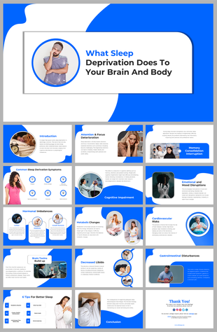 Slide pack with images of people, discussing hormonal imbalances, mood changes, and sleep tips with blue accents.