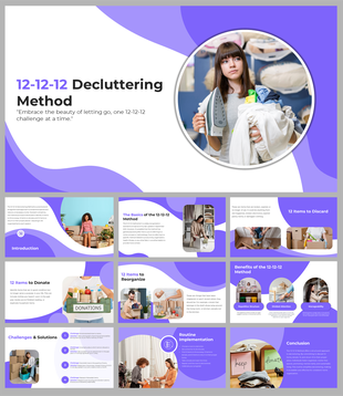 Decluttering slide deck in purple and white, covering basics, items to discard, donate, reorganize, and implementation tips.