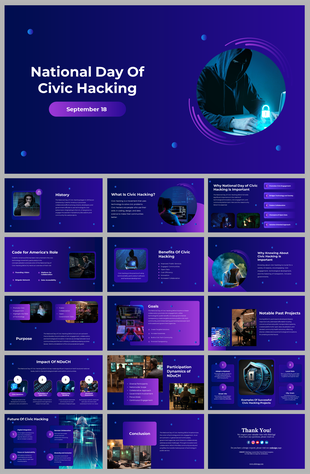 A vibrant blue PPT slides on National Day of Civic Hacking featuring sections on the history and the future of civic hacking.