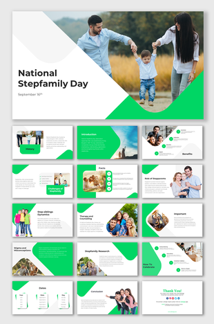 Green and white themed slides with photos of families, covering topics about stepfamilies and their dynamics.