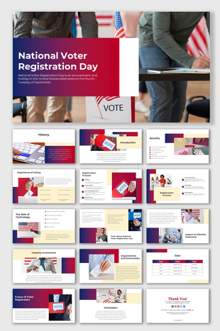 National Voter Registration day slides highlighting the importance of voter registration, history, and registration process.