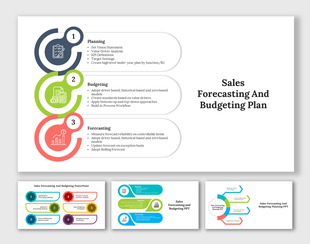 Pack of slides with distinct sections for planning, budgeting, and forecasting, using color coded icons.