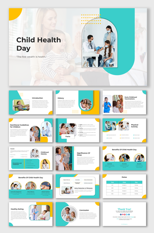 Child health day slide deck with teal and yellow accents, covering vaccinations, nutrition, and the importance of sleep.