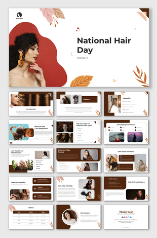 National Hair day slides with sections on hair care, styling techniques, and historical significance, featuring images.