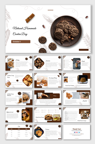 Slide deck celebrating National homemade cookies day, featuring sections on history, recipes, and the joy of baking cookies.