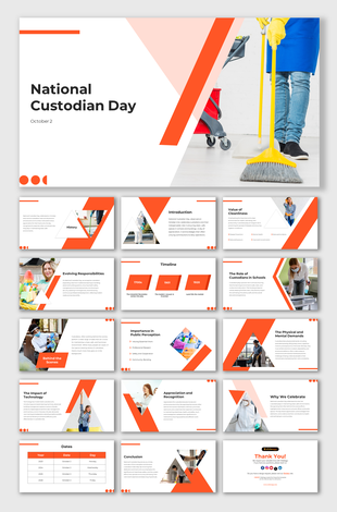 Slide pack with orange accents, featuring visuals of custodians, highlighting roles, responsibilities, and appreciation.
