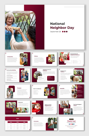 National Neighbor day PPT slides covering history, community building, neighbor acts of kindness, and how to celebrate.