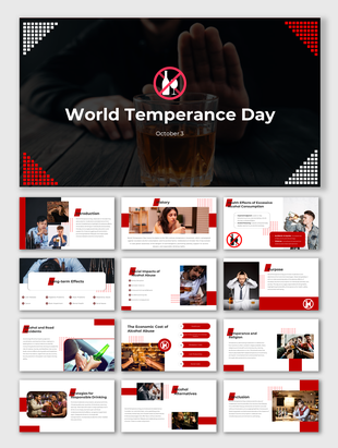 Slide deck for world temperance day featuring a glass of alcohol crossed out to promote responsible drinking.