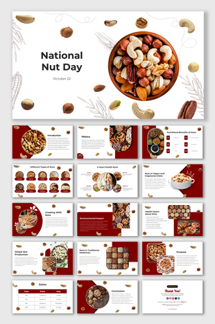 Slide deck with red and white theme featuring bowl of mixed nuts, covering health benefits, types, and environmental impact.