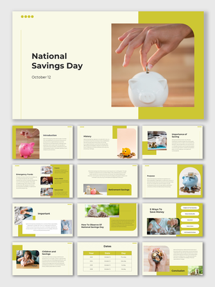 National Savings day slides showcasing a person dropping coins into a piggy bank, celebrated on October 12th.