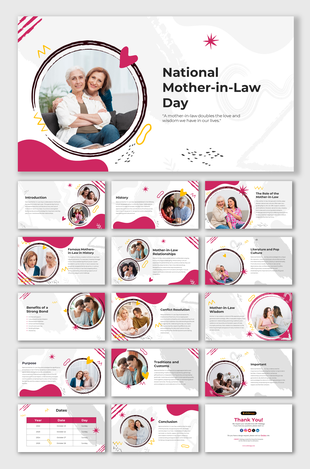 Slide deck for celebrating mothers-in-law, focusing on their impact, history, and customs, in a pink and white theme.