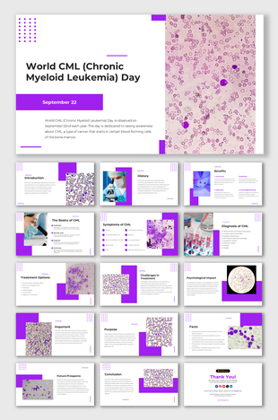 World CML Day slide deck with a close-up of blood cells on the right and text information on the left, accented in purple.