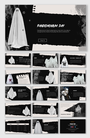 Ghost-inspired slide deck design for pandemonium day with themed graphics and contrasting colors.