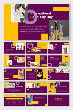 Colorful International Equal Pay Day slides featuring visuals of coins, gender pay gap graphics, and informational text.