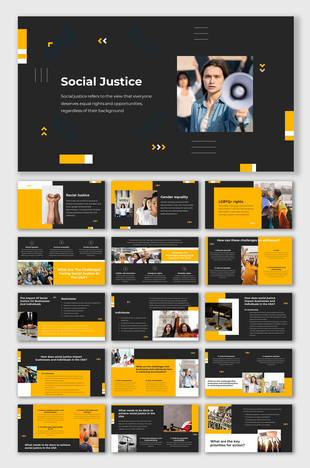 Social justice slide deck with a young person holding a megaphone on the right and description text on a dark background.