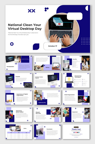 National clean your virtual desktop day presentation slides with digital organization themes in a white and blue theme.