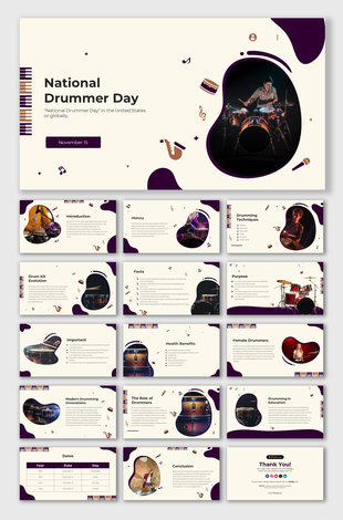 National Drummer day slides highlighting the history, significance, and key drumming techniques with vibrant visuals.