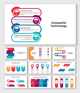 Slide deck featuring geospatial concepts, flowcharts, and analytics in vibrant colors and clean layouts.