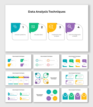 Collection of slides detailing data analysis techniques, with colorful numbered blocks and varied infographic designs.