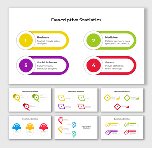 Four-section infographic highlighting areas of descriptive statistics with colorful number icons and topic labels.