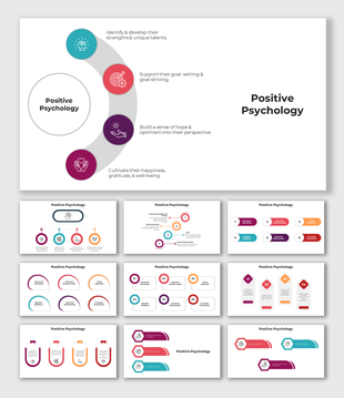 Slides on positive psychology with various infographic layouts in bright colors, highlighting goal setting and well being.