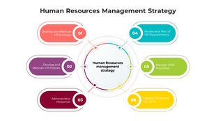 A colorful diagram of a Human Resources Management Strategy, illustrating key components on a white backdrop.