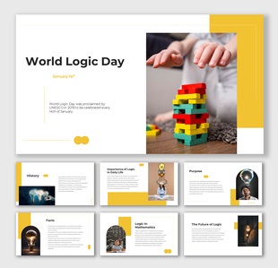 Slide deck with yellow and white theme, featuring images of logical concepts, and educational content in modern layouts.