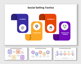 A PPT slides outlining key social selling tactics with colorful different layout designs and icons on a white backdrop.
