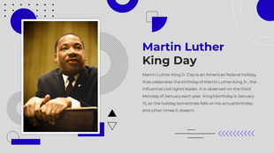 Photo of Martin Luther King Jr. alongside a description celebrating his birthday and civil rights contributions.