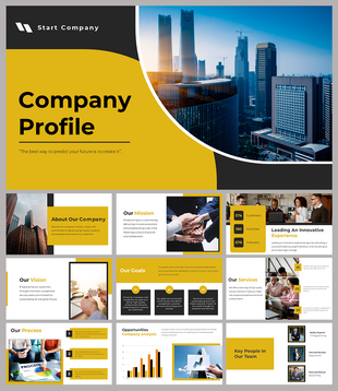 Business presentation cover slide deck with an urban skyline and company profile introduction.