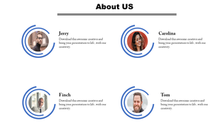About us team slide with four people Jerry, Carolina, Finch, and Tom, each with a caption and a circular frame.