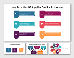 Slides showing key activities in Supplier Quality Assurance with colorful layout designs and icons with text descriptions.