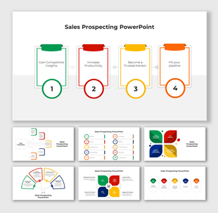 Slide deck focused on sales prospecting, showing organized steps, colorful icons, and breakdowns of strategies.