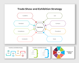 Infographic for a trade show with eight sections connected to a central hexagon, covering topics like laws and guidelines.